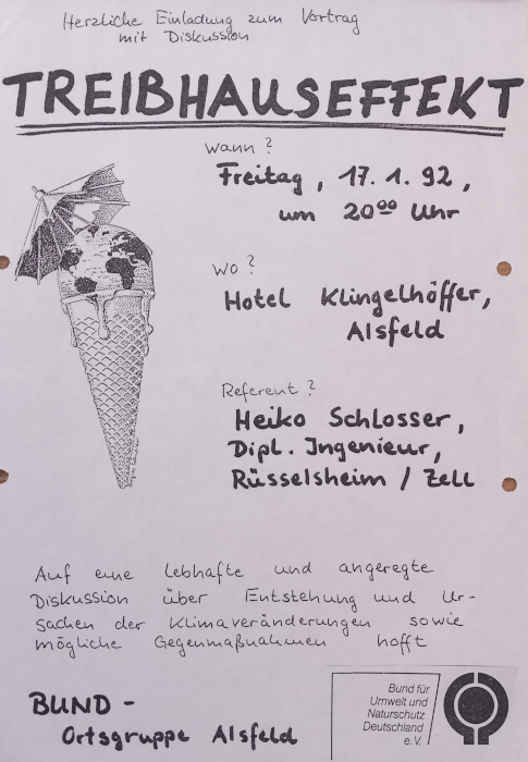 Flyer zur Einladung zum Vortrag "Treibhauseffekt", mit schmelzender Eiskugel in Waffel als Erdball